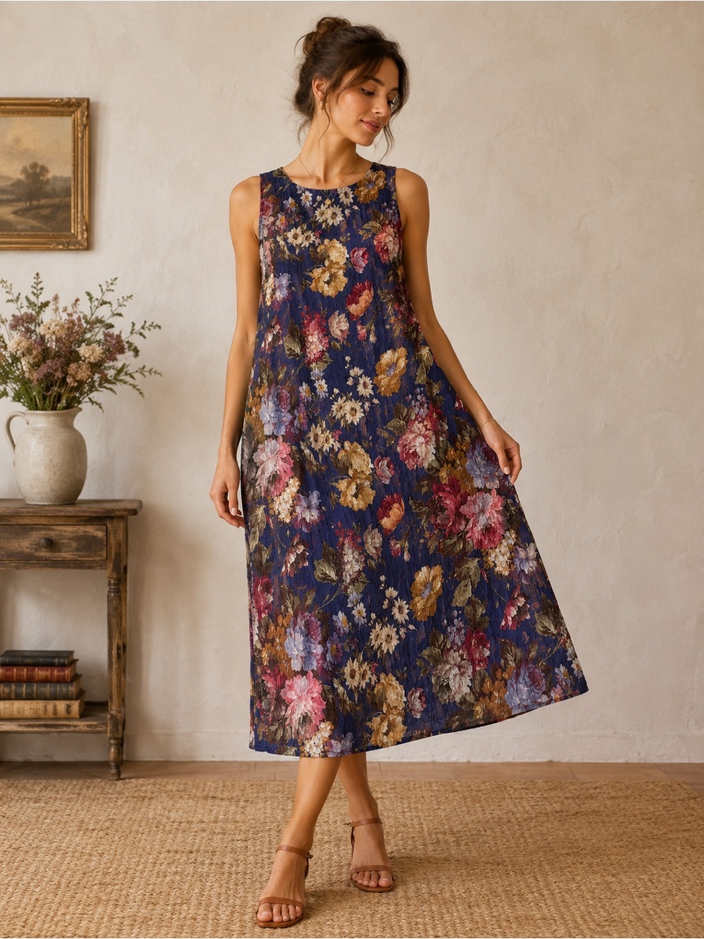 Vintage Y2K crinkle fabric midi sleeveless dress watercolor floral dark romantic